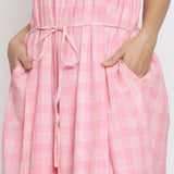 Front Detail of a Model wearing Powder Pink Gathered Maxi Yoked Dress