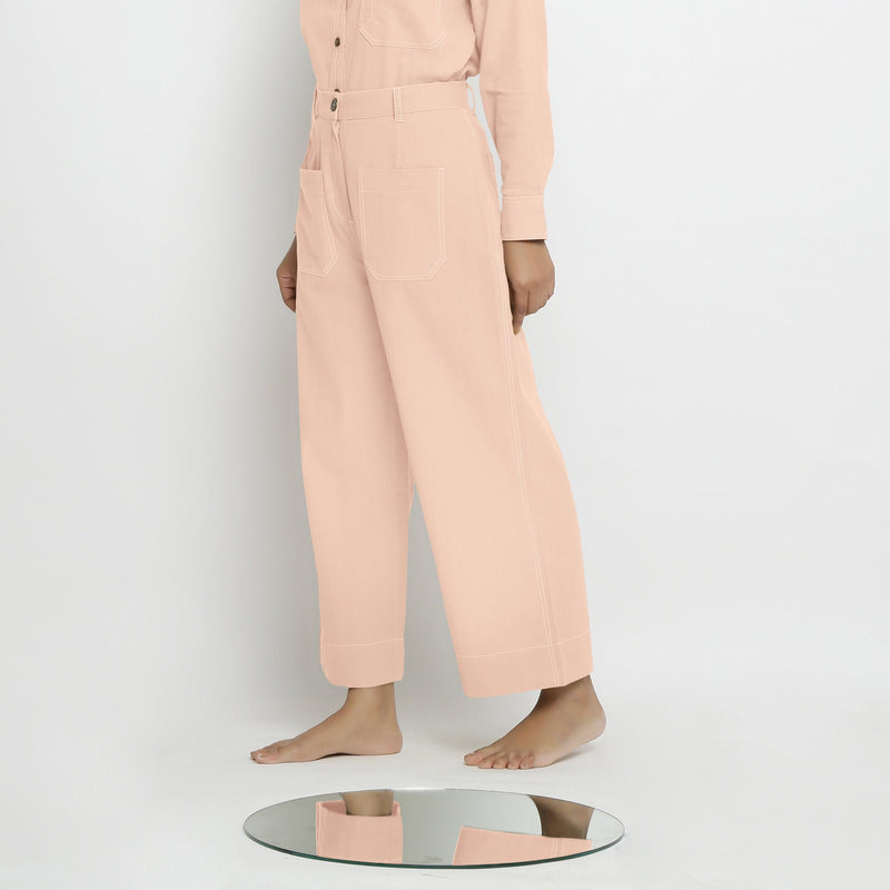 Left View of a Model wearing Powder Pink Patch Pocket Straight Fit Pant