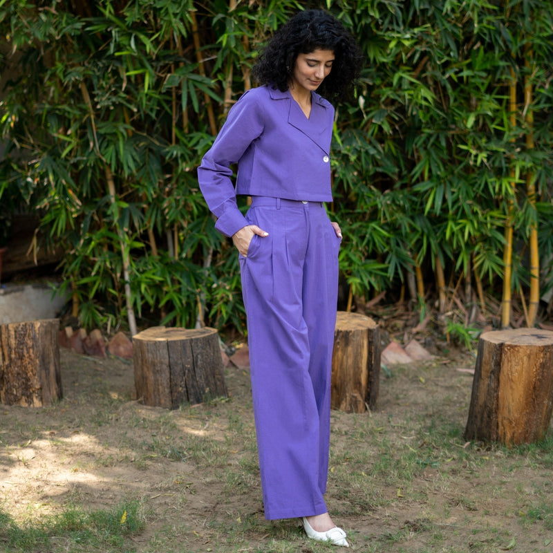 Purple Cotton Full Sleeve Crop Top and Wide-Leg Pant Co-ord Set