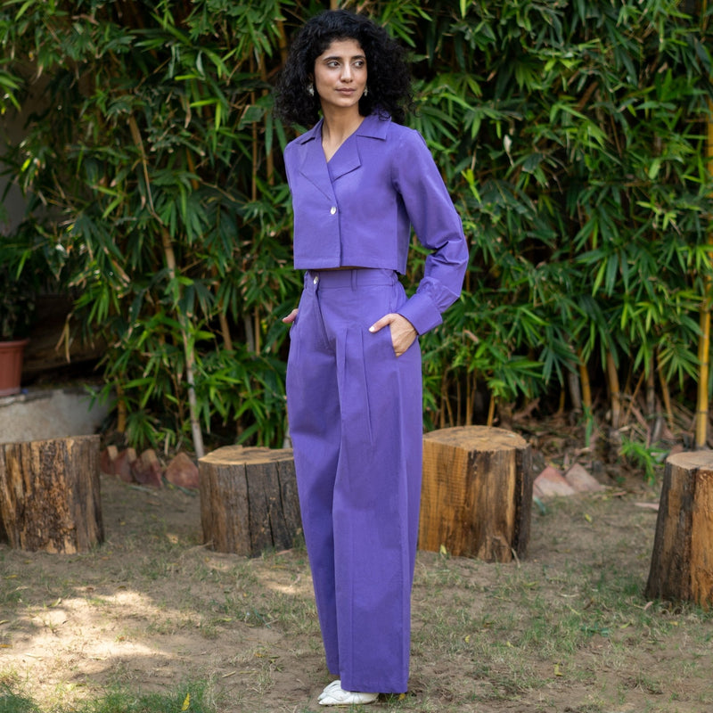 Purple Cotton Full Sleeve Crop Top and Wide-Leg Pant Co-ord Set