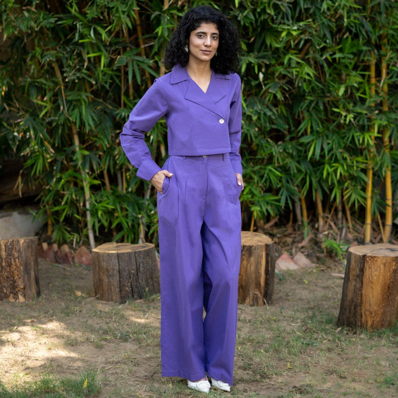 Purple Cotton Full Sleeve Crop Top and Wide-Leg Pant Co-ord Set