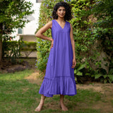 Purple Cotton Poplin A-Line Deep Neck Sleeveless Maxi Dress
