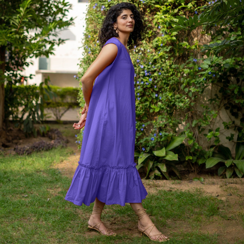 Purple Cotton Poplin A-Line Deep Neck Sleeveless Maxi Dress