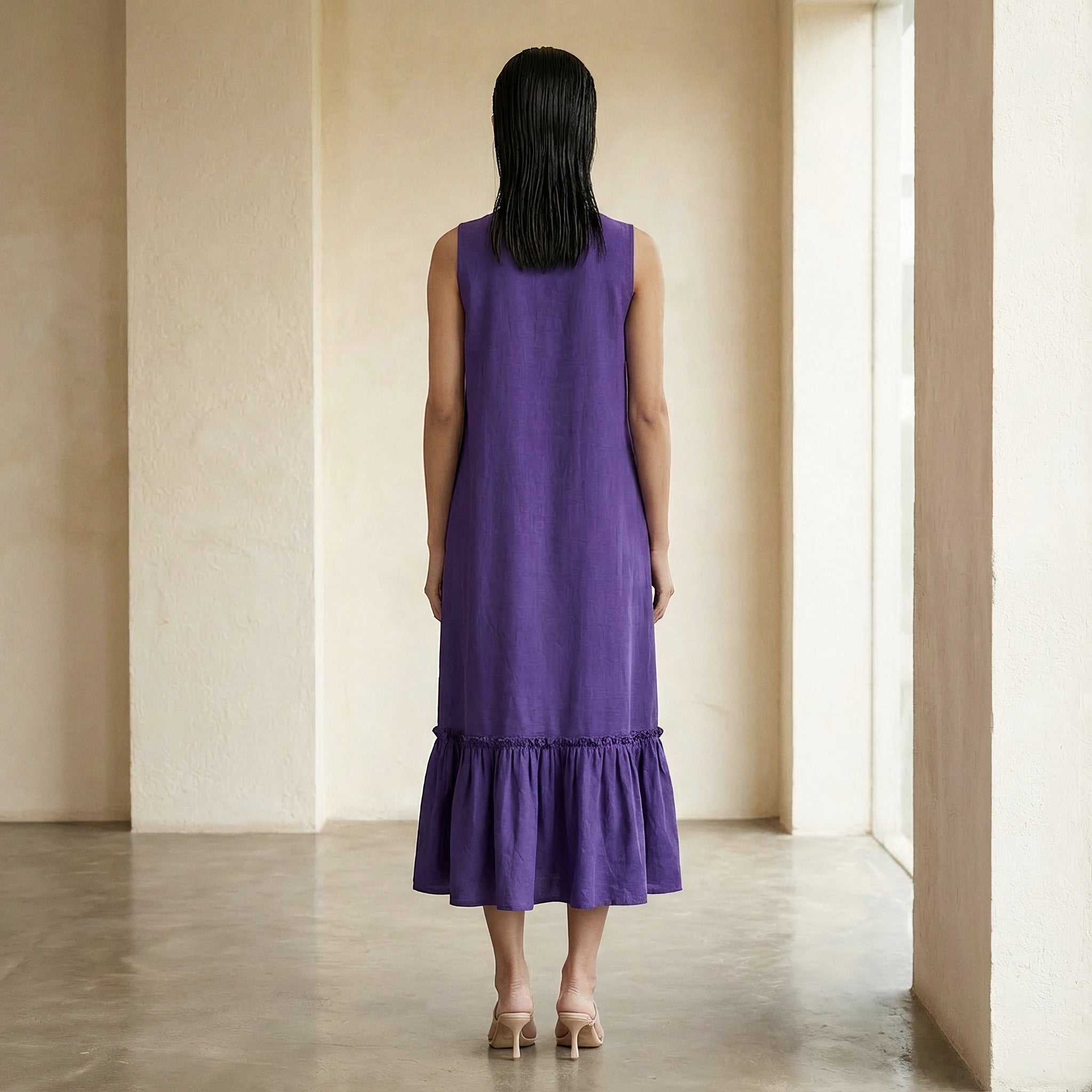 Purple Cotton Poplin A-Line V-Neck Sleeveless Maxi Tier Dress