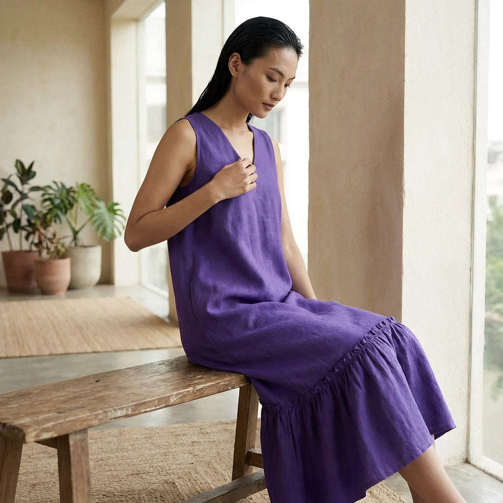 Purple Cotton Poplin A-Line V-Neck Sleeveless Maxi Tier Dress