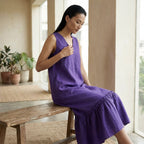 Purple Cotton Poplin A-Line V-Neck Sleeveless Maxi Tier Dress