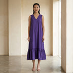 Purple Cotton Poplin A-Line V-Neck Sleeveless Maxi Tier Dress
