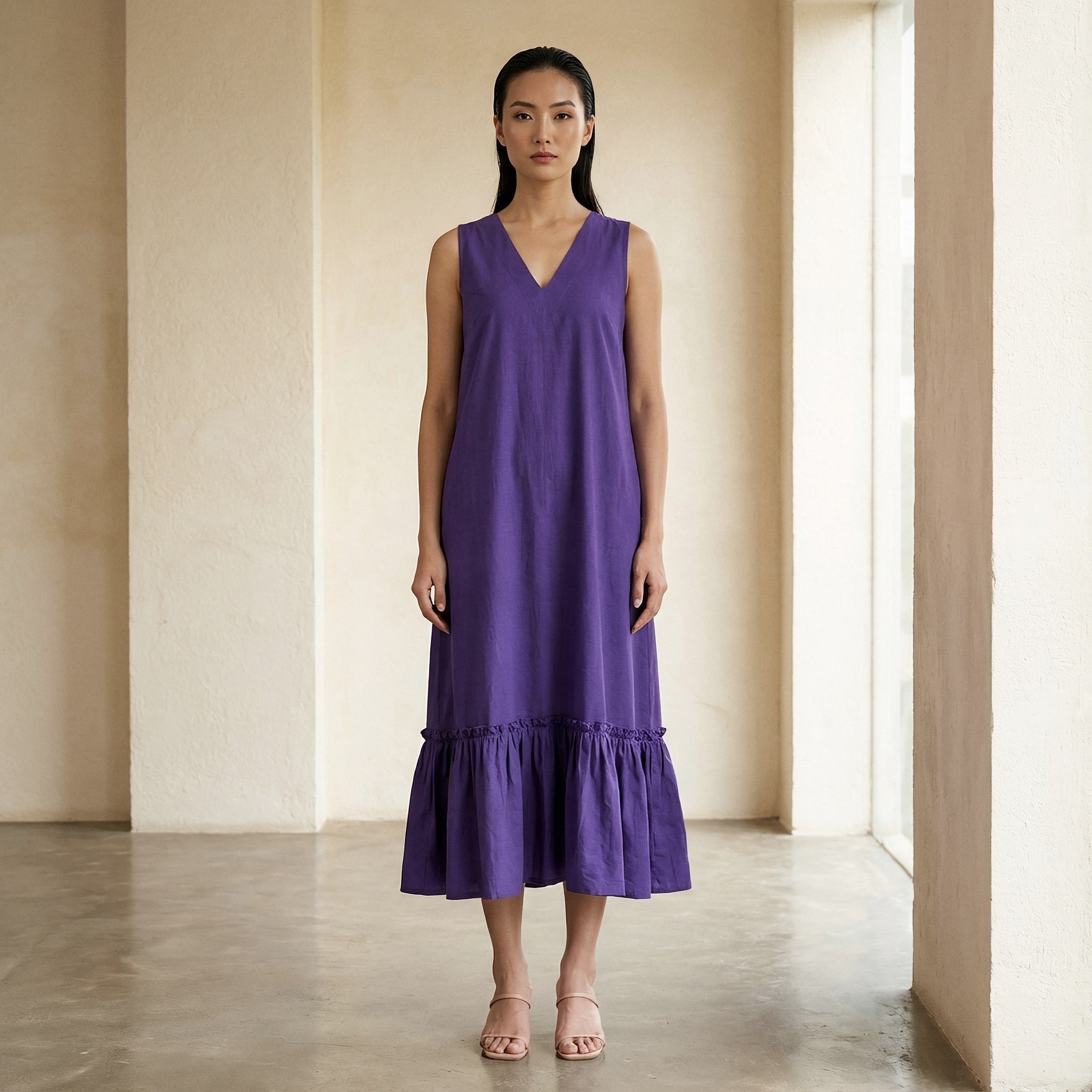 Purple Cotton Poplin A-Line V-Neck Sleeveless Maxi Tier Dress