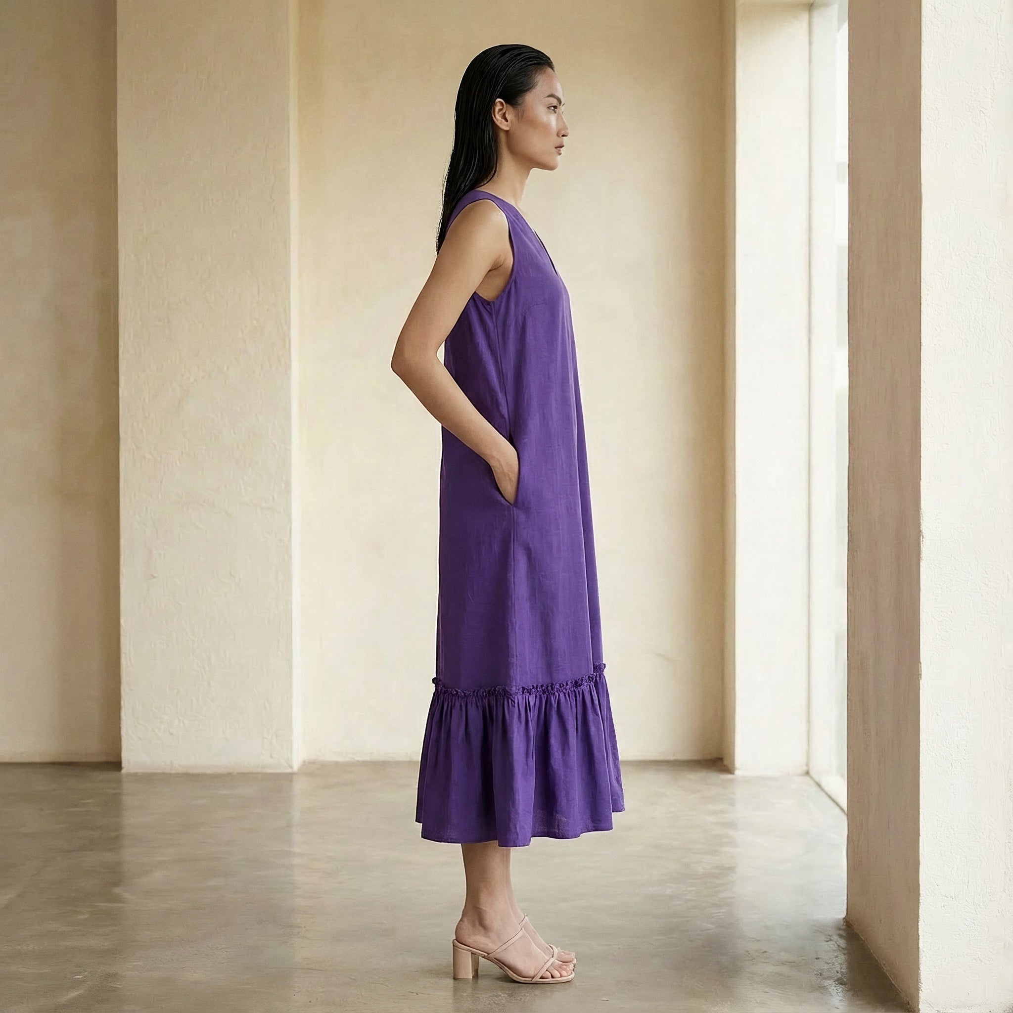 Purple Cotton Poplin A-Line V-Neck Sleeveless Maxi Tier Dress