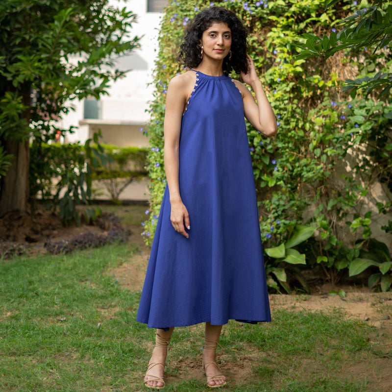 Royal Blue Cotton Poplin A-Line Detachable Sleeve Flared Midi Dress