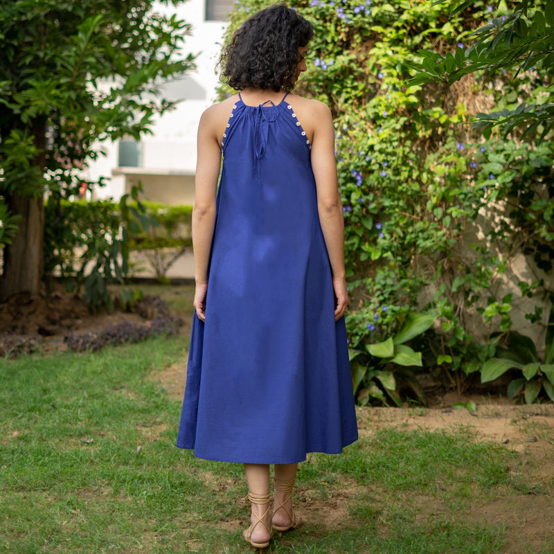 Royal Blue Cotton Poplin A-Line Detachable Sleeve Flared Midi Dress
