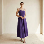 Purple Cotton Poplin Ankle Length Flared Sundress