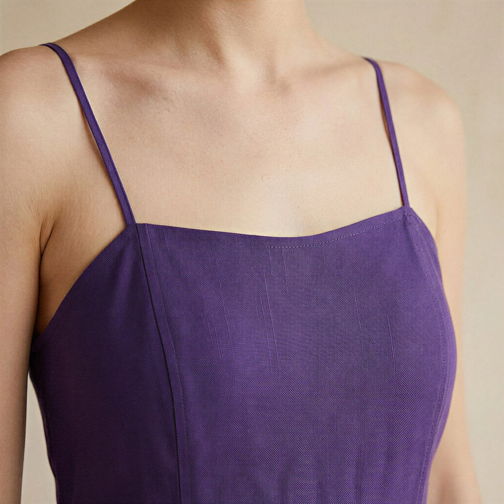 Purple Cotton Poplin Ankle Length Flared Sundress