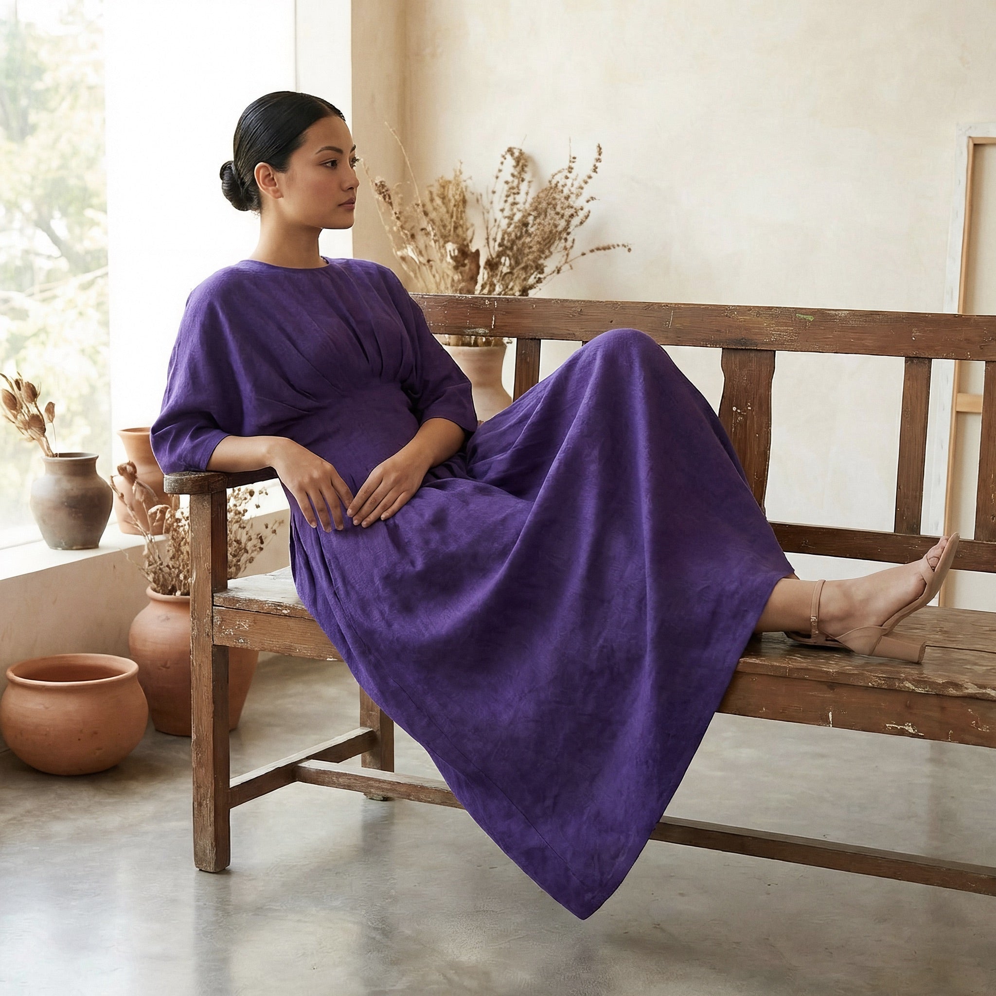 Purple Cotton Poplin Cinched Waist Flared Maxi Dress