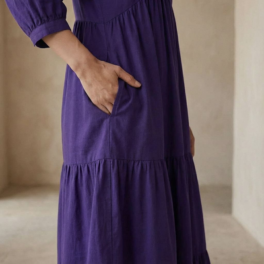 Purple Cotton Poplin Deep-V Maxi Tier Dress