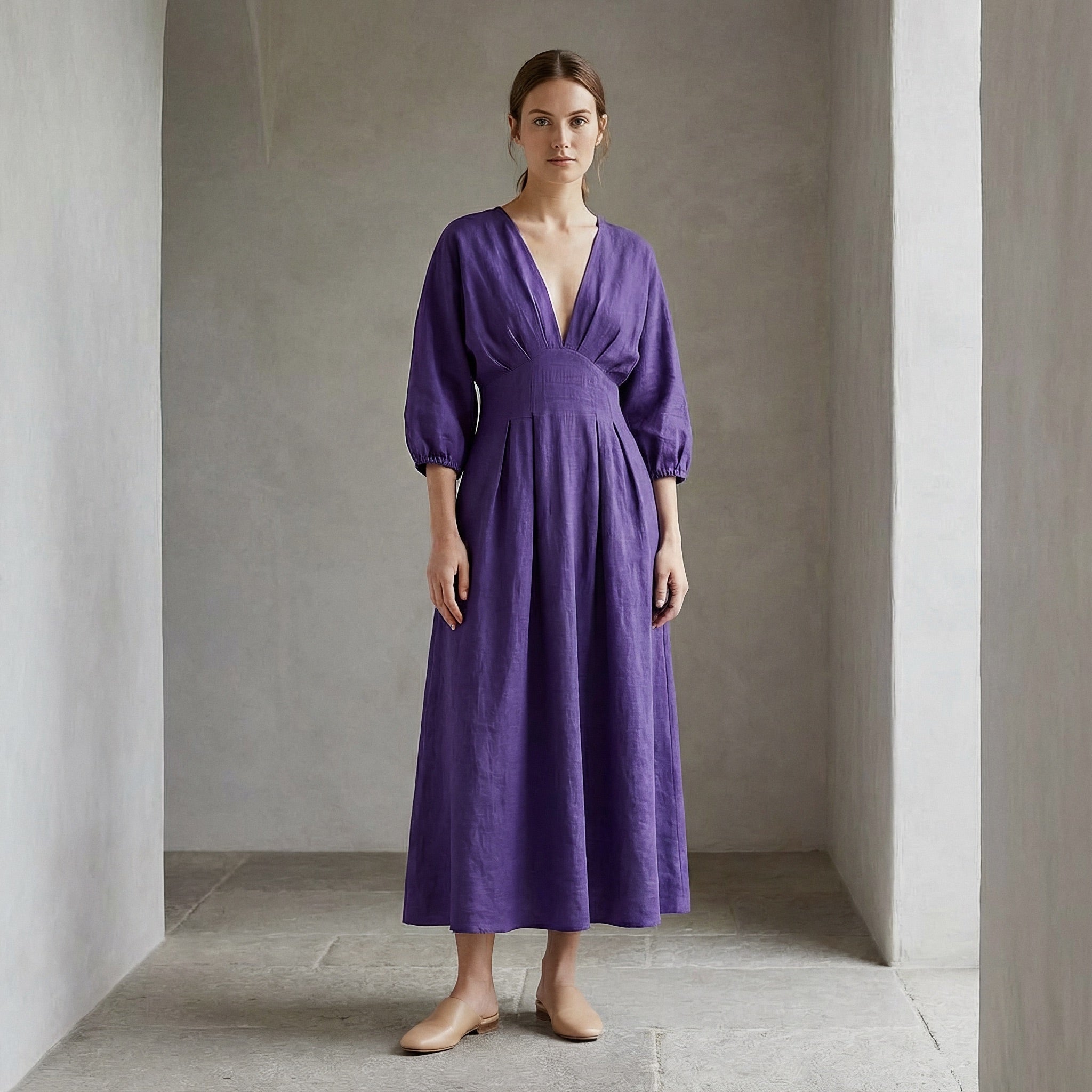 Purple Cotton Poplin Deep-V Neck Empire Waist Maxi Dress