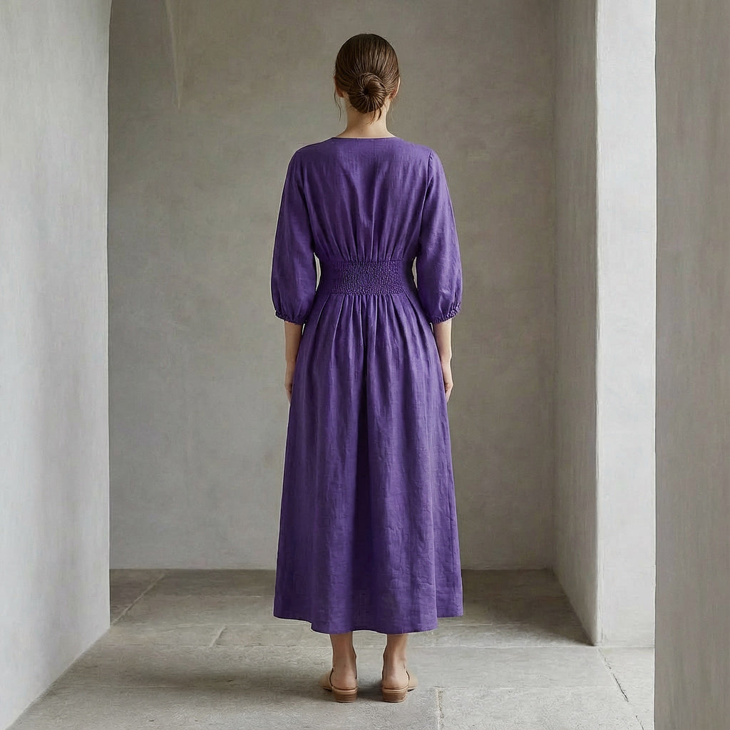 Purple Cotton Poplin Deep-V Neck Empire Waist Maxi Dress