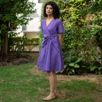 Purple Cotton Poplin Drop Shoulder Sleeves Knee Length Wrap Dress