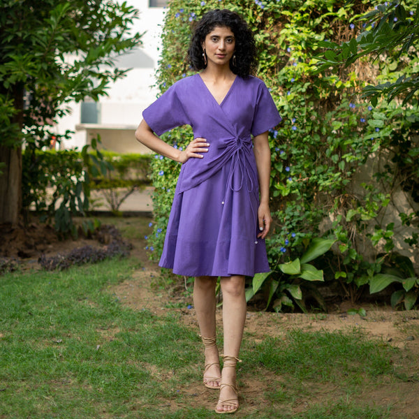 Purple Cotton Poplin Drop Shoulder Sleeves Knee Length Wrap Dress