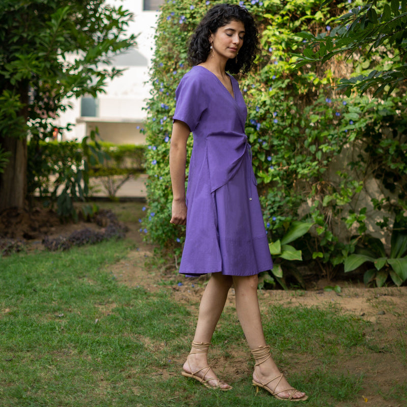 Purple Cotton Poplin Drop Shoulder Sleeves Knee Length Wrap Dress