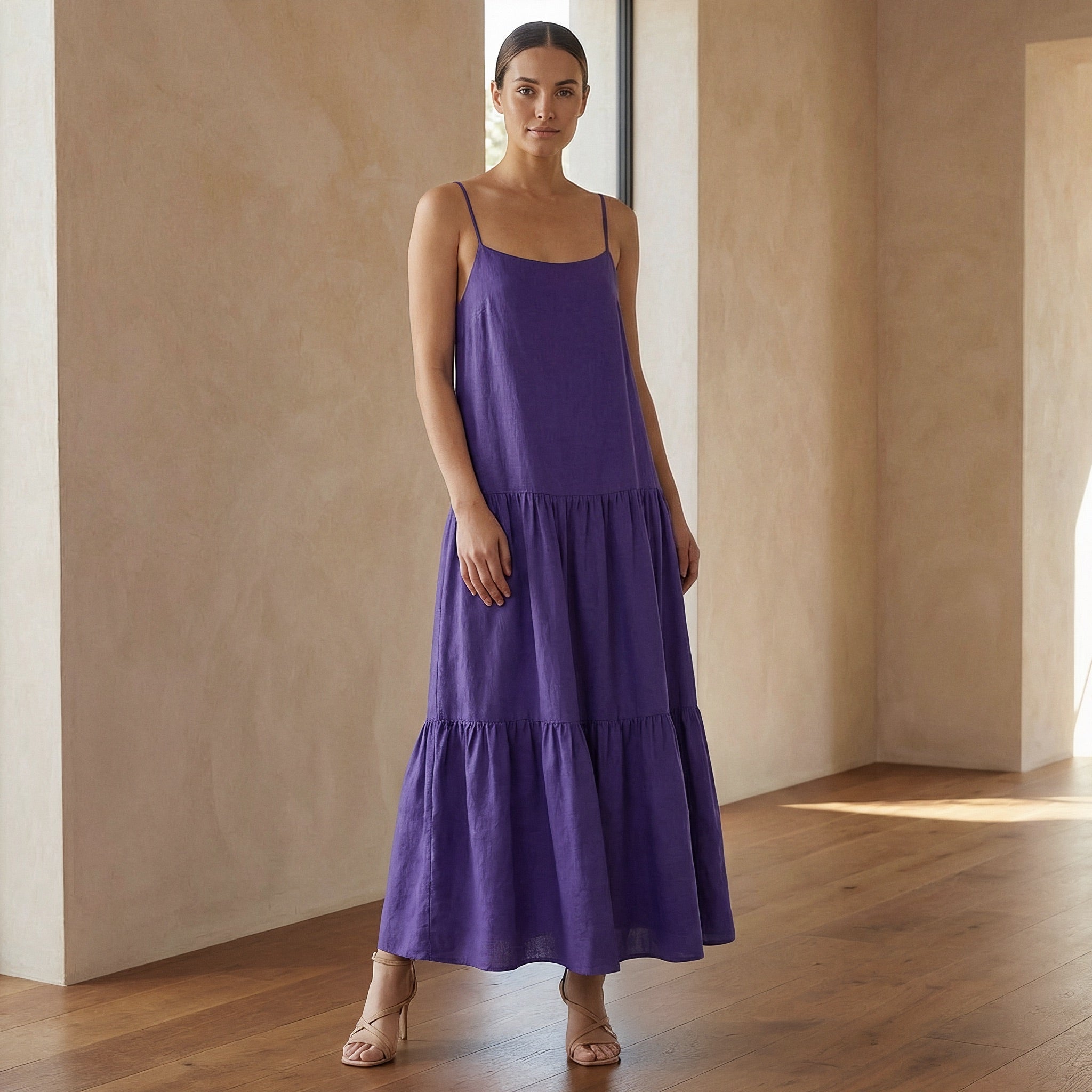Purple Cotton Poplin Drop-Waist Camisole Maxi Tier Dress