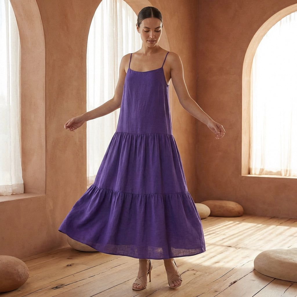 Purple Cotton Poplin Drop-Waist Camisole Maxi Tier Dress