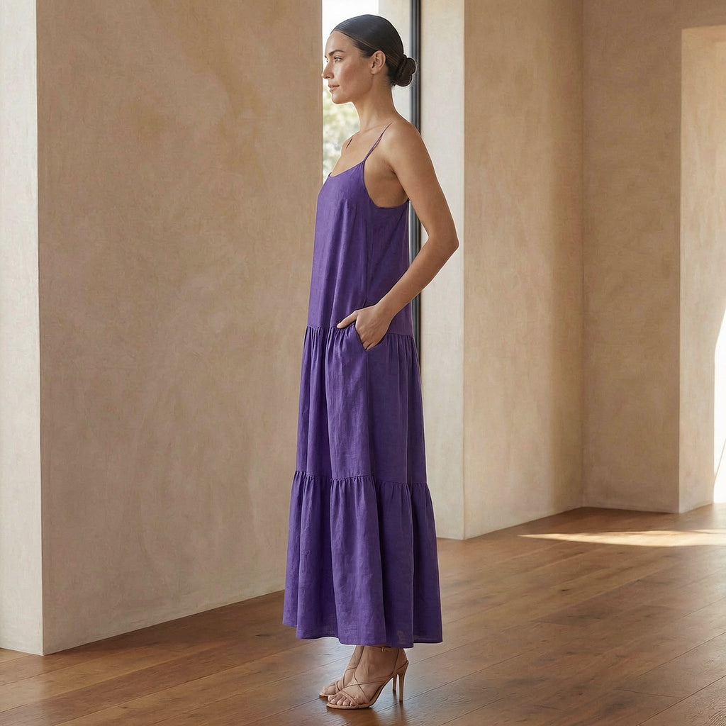 Purple Cotton Poplin Drop-Waist Camisole Maxi Tier Dress
