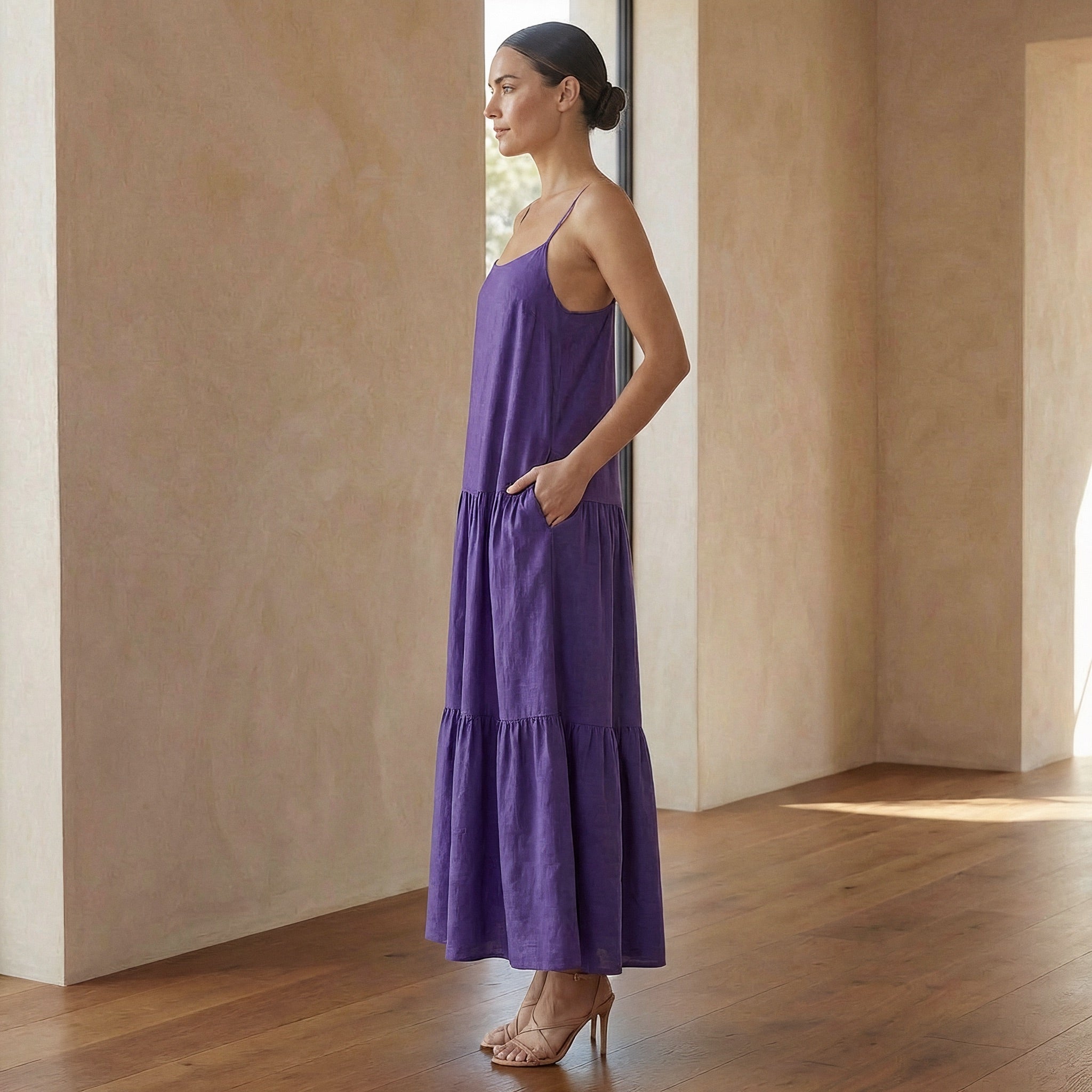 Purple Cotton Poplin Drop-Waist Camisole Maxi Tier Dress