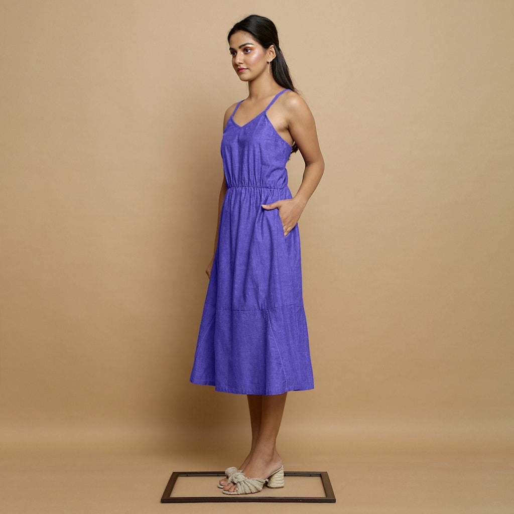 Purple Cotton Poplin Elasticated Midi Cami Dress
