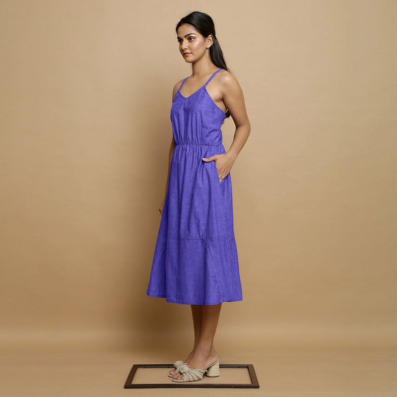 Purple Cotton Poplin Elasticated Midi Cami Dress