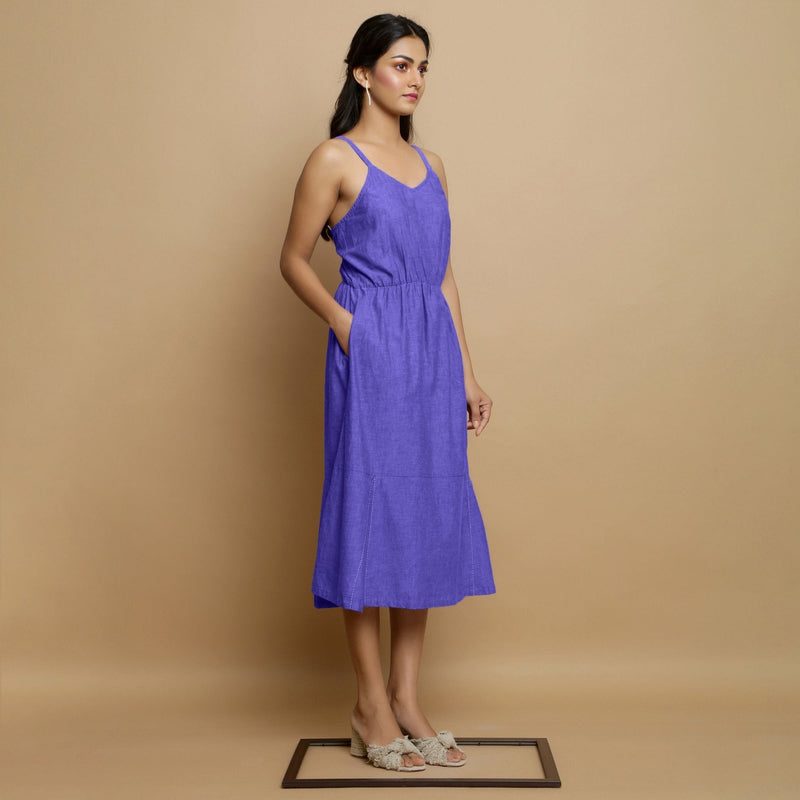 Purple Cotton Poplin Elasticated Midi Cami Dress