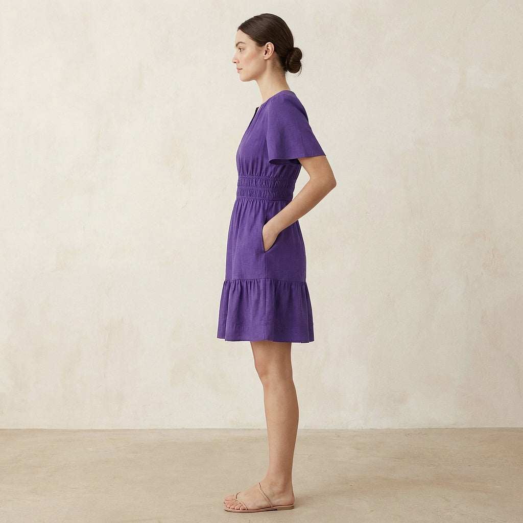 Purple Cotton Poplin Elasticated Short Tier Dress