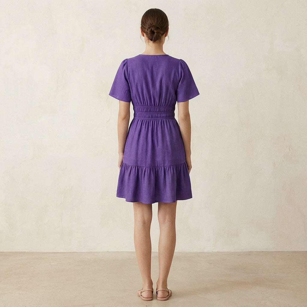 Purple Cotton Poplin Elasticated Short Tier Dress