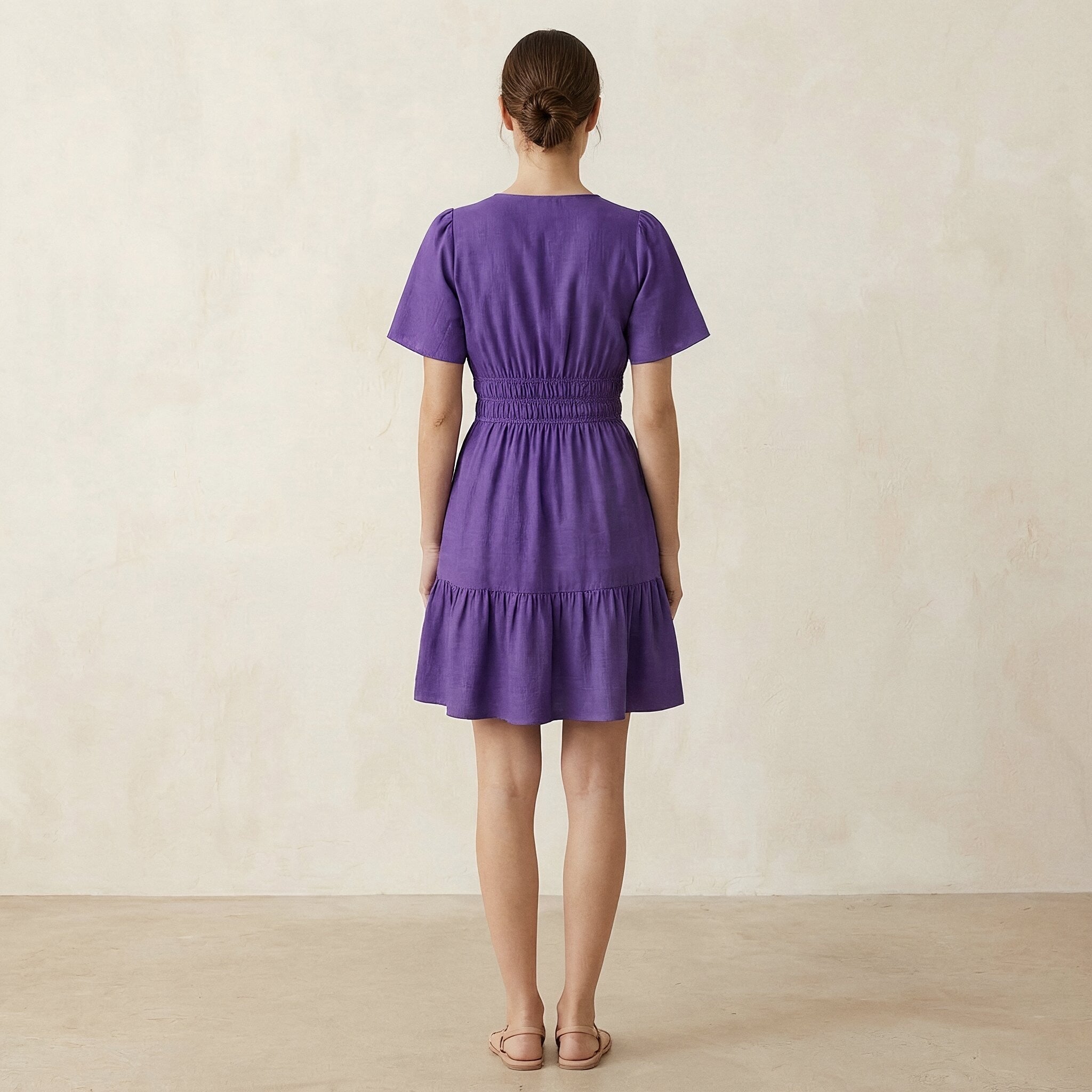 Purple Cotton Poplin Elasticated Short Tier Dress