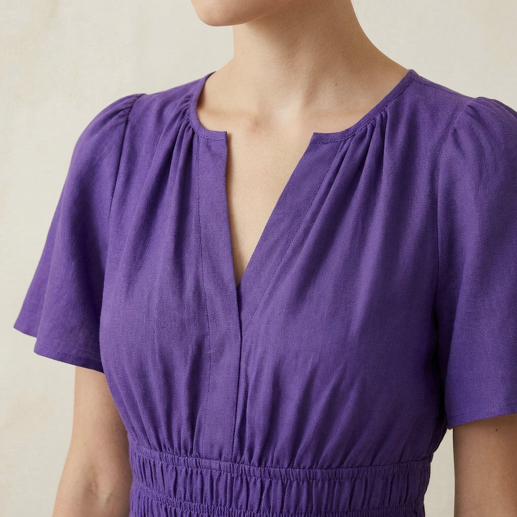 Purple Cotton Poplin Elasticated Short Tier Dress