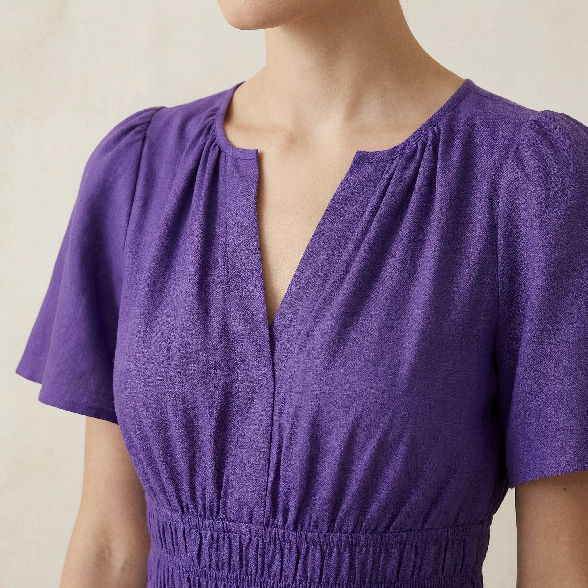 Purple Cotton Poplin Elasticated Short Tier Dress