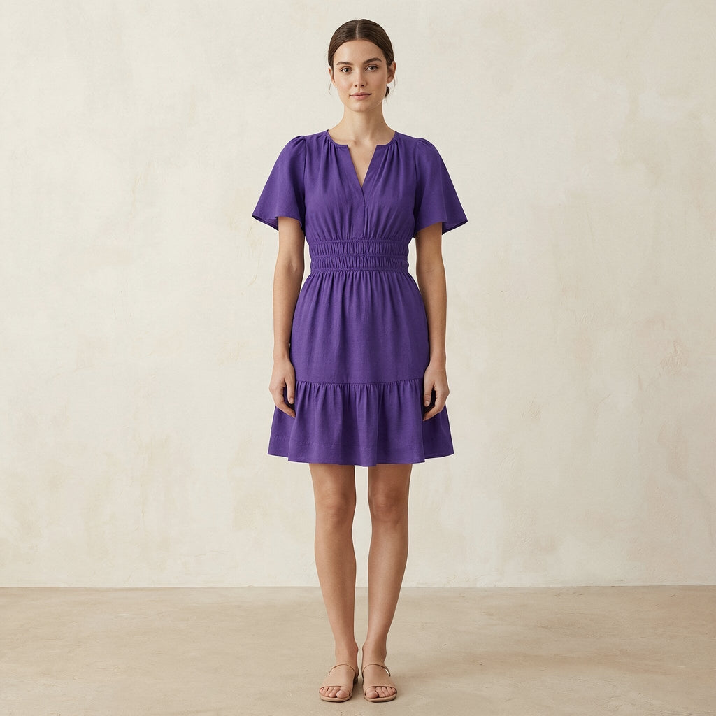 Purple Cotton Poplin Elasticated Short Tier Dress