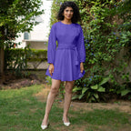 Purple Cotton Poplin Fit and Flare Balloon Sleeves Short Dress