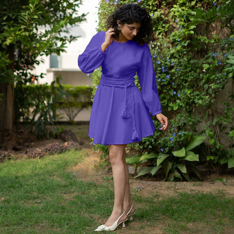 Purple Cotton Poplin Fit and Flare Balloon Sleeves Short Dress