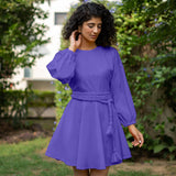 Purple Cotton Poplin Fit and Flare Balloon Sleeves Short Dress