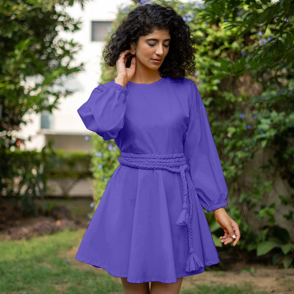 Purple Cotton Poplin Fit and Flare Balloon Sleeves Short Dress