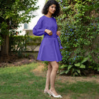 Purple Cotton Poplin Fit and Flare Balloon Sleeves Short Dress