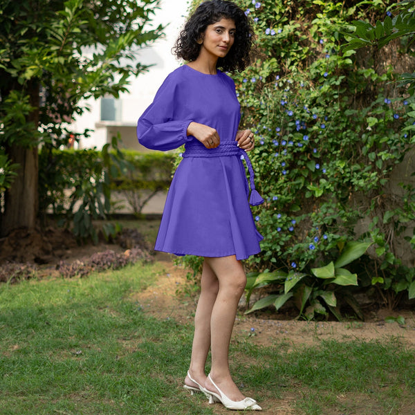 Purple Cotton Poplin Fit and Flare Balloon Sleeves Short Dress