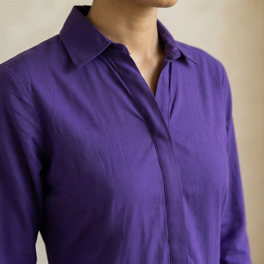 Purple Cotton Poplin Fit and Flare Button-Down Short Shirt Dress
