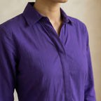 Purple Cotton Poplin Fit and Flare Button-Down Short Shirt Dress
