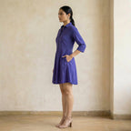 Purple Cotton Poplin Fit and Flare Button-Down Short Shirt Dress