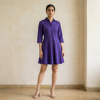 Purple Cotton Poplin Fit and Flare Button-Down Short Shirt Dress