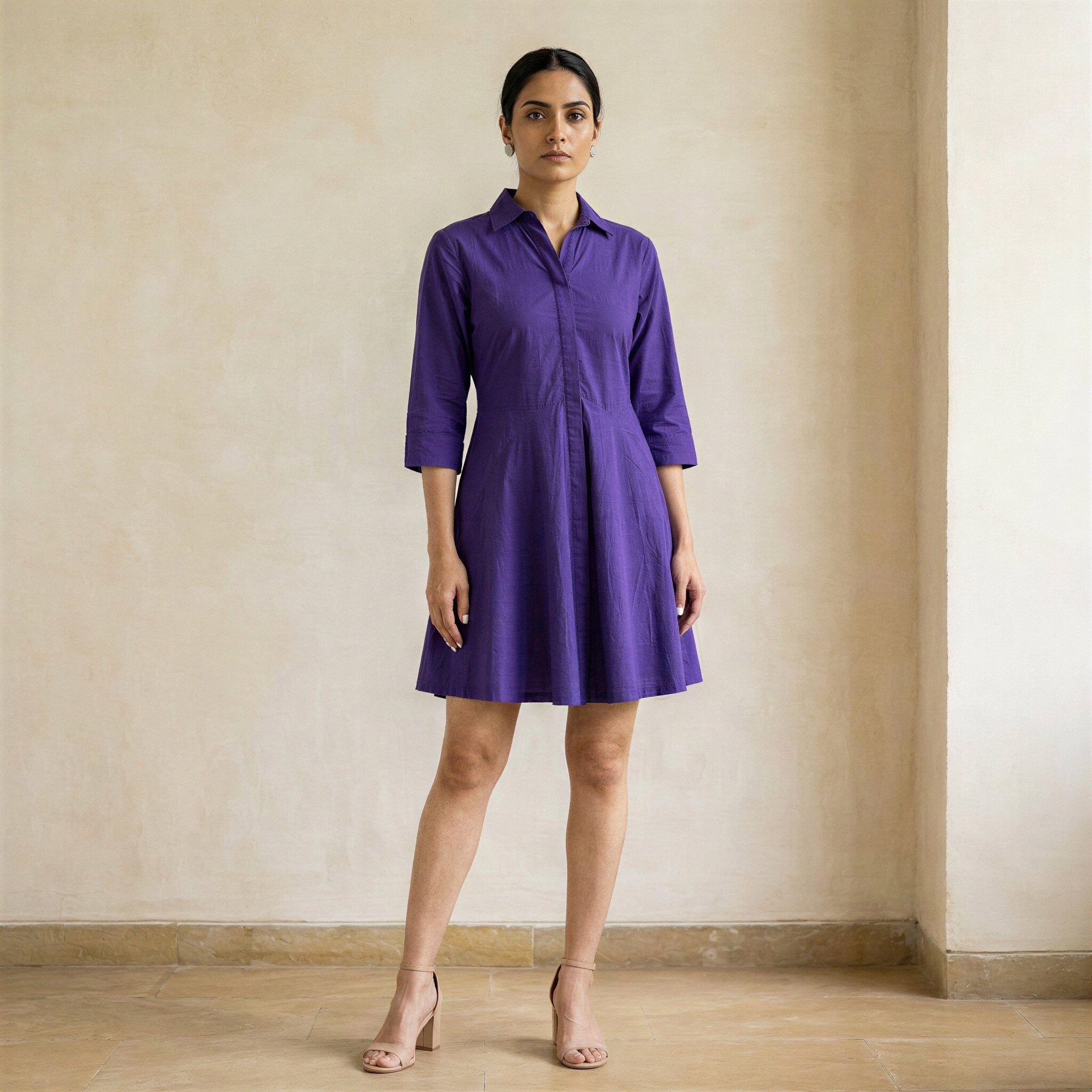 Purple Cotton Poplin Fit and Flare Button-Down Short Shirt Dress