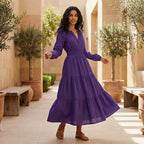 Purple Cotton Poplin Fit and Flare Maxi Tier Dress