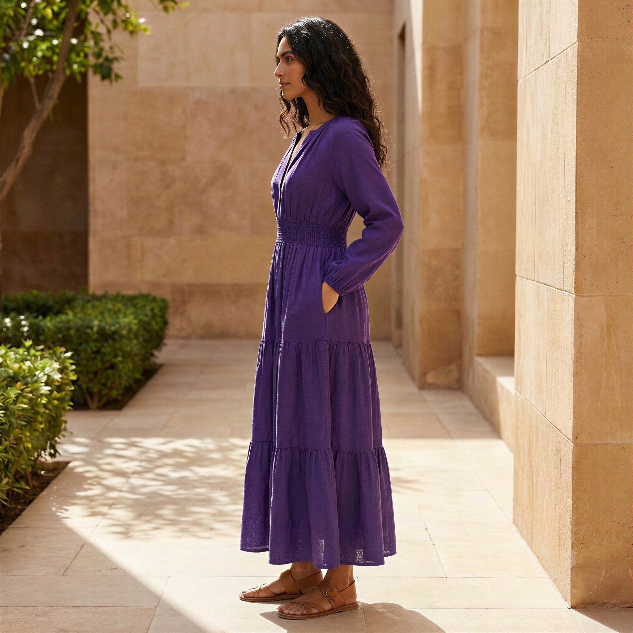 Purple Cotton Poplin Fit and Flare Maxi Tier Dress